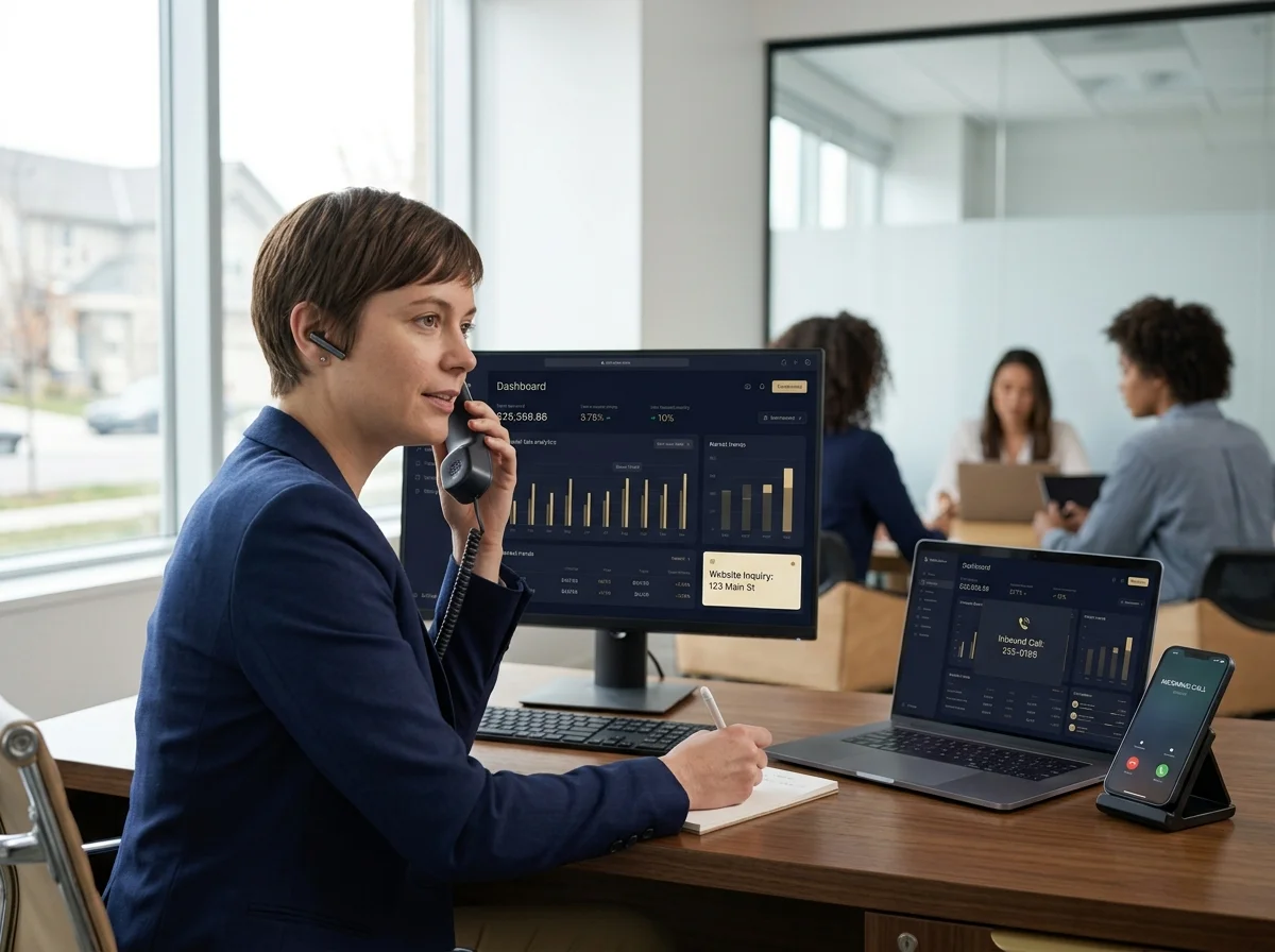 A brokerage team member on one call as a second inquiry arrives at the same time.