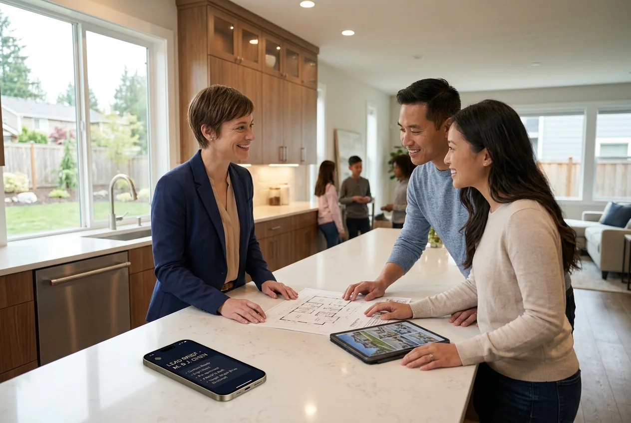 Real estate agent meeting buyers in a home after an AI-prepared first response.
