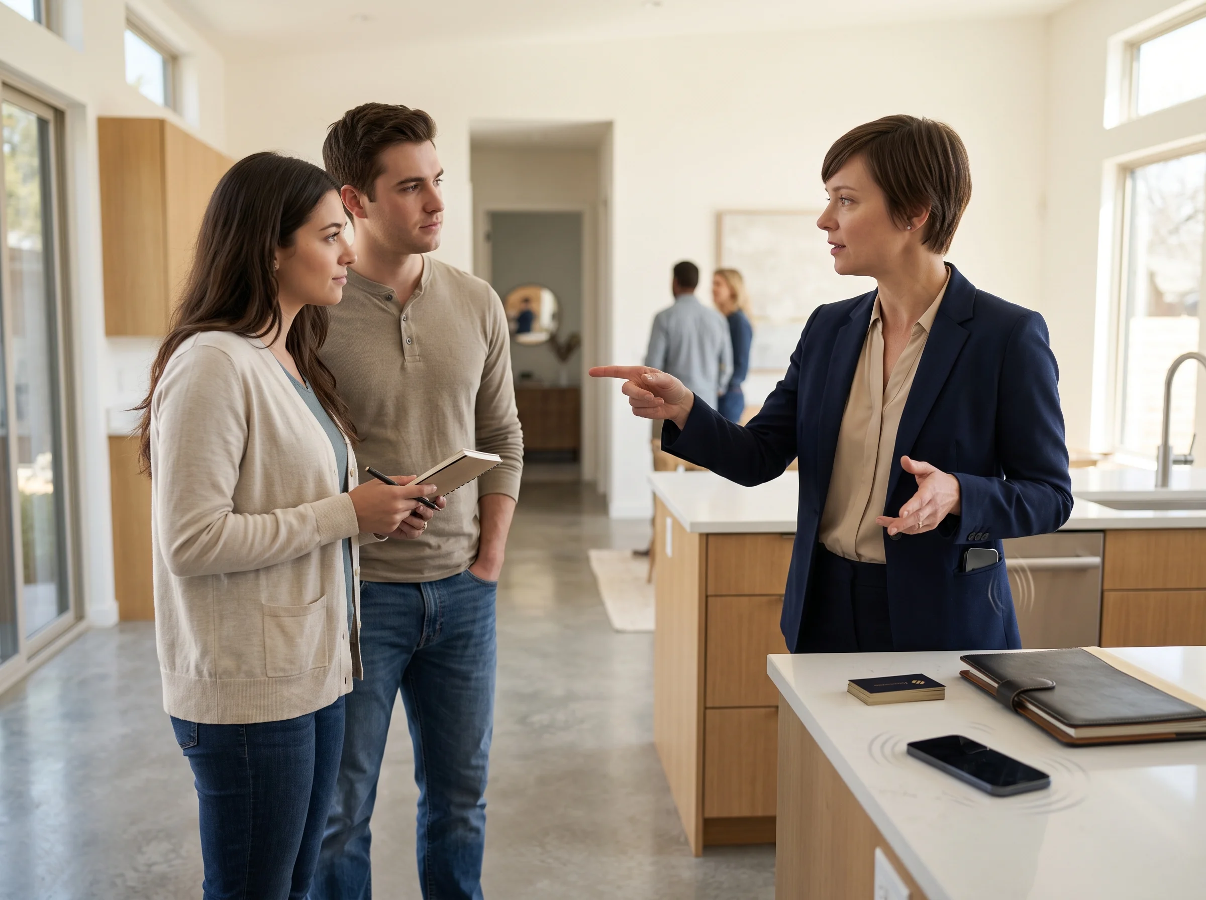 Real estate agent in a home showing unable to answer an incoming buyer call.