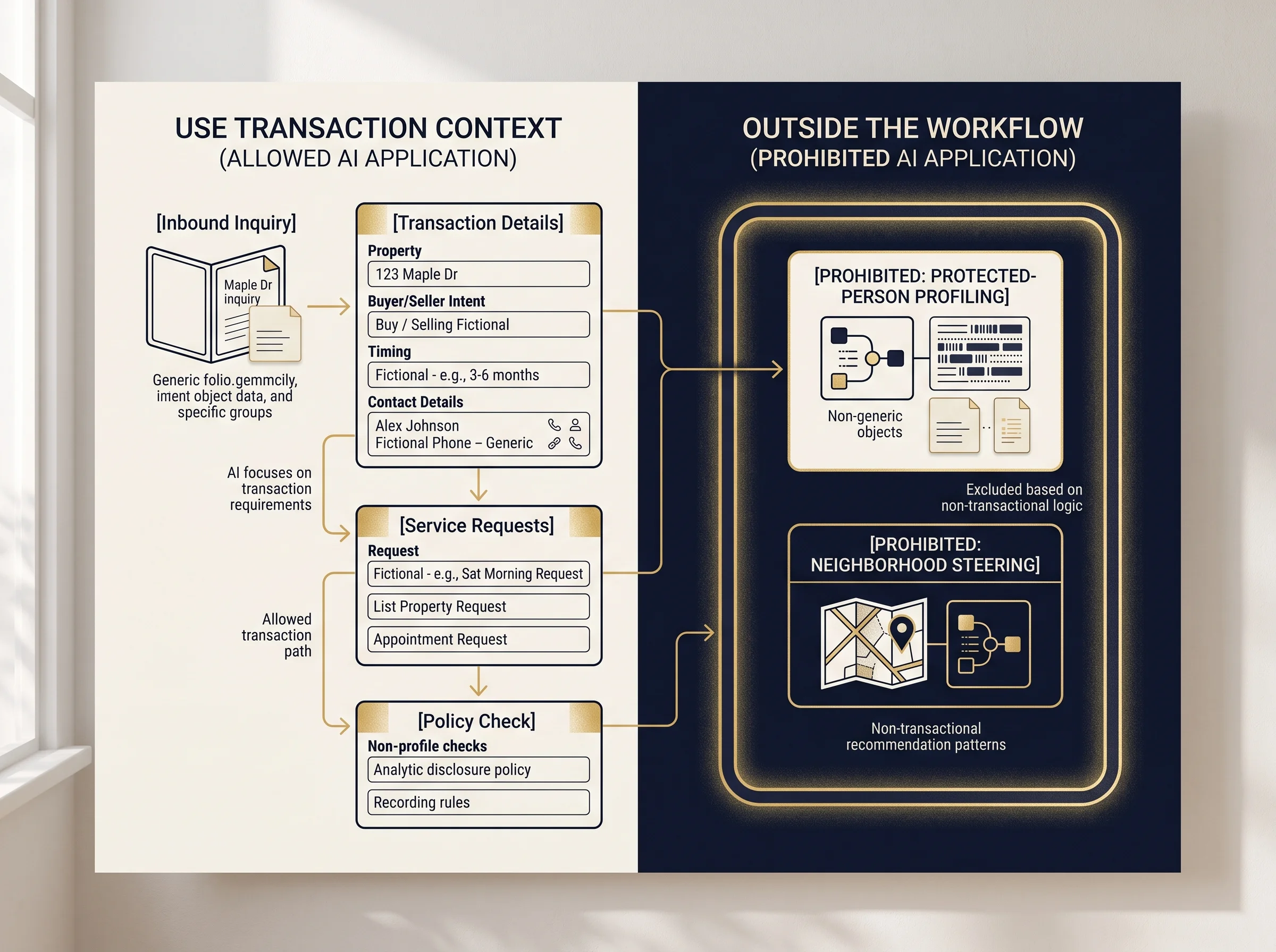 Transaction-context qualification separated from prohibited protected-class profiling.
