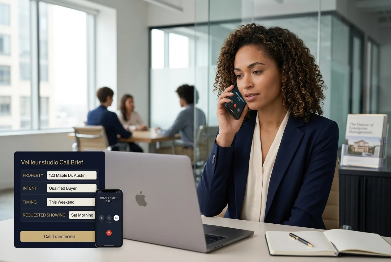 Real estate agent receiving a call transfer with prepared lead context on a laptop.