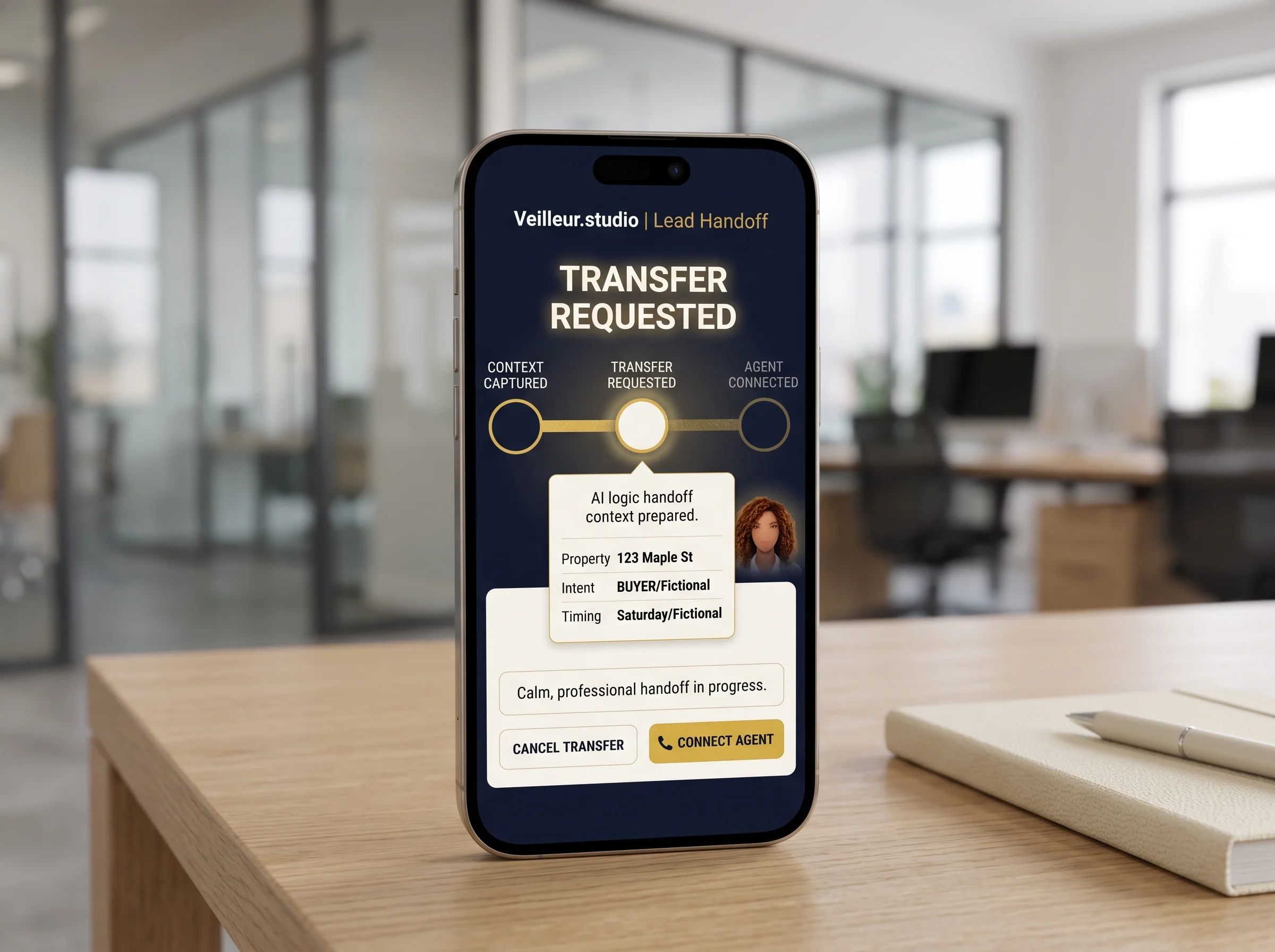 Call routing from context captured to transfer requested to agent connected.