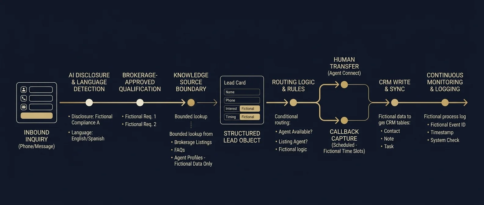Veilleur.studio workflow from inbound inquiry through qualification, CRM routing and human handoff.