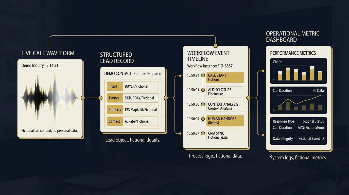 Four product-proof artifacts: live call, structured lead, event timeline and metrics.