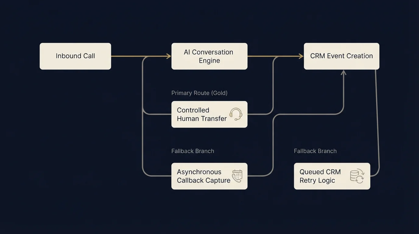 Primary AI path with human transfer, callback and CRM-retry fallback routes.