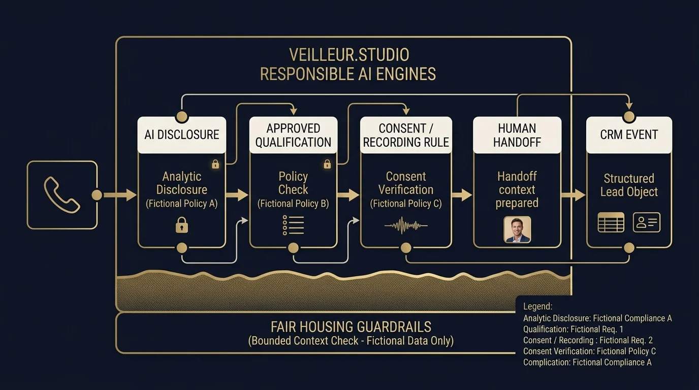 Responsible-AI workflow with disclosure, consent, human handoff and Fair Housing checkpoints.
