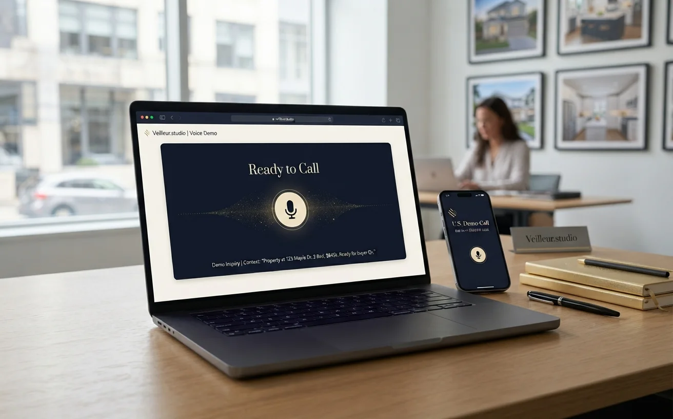 Laptop and phone showing the Veilleur.studio live real estate voice demo options.