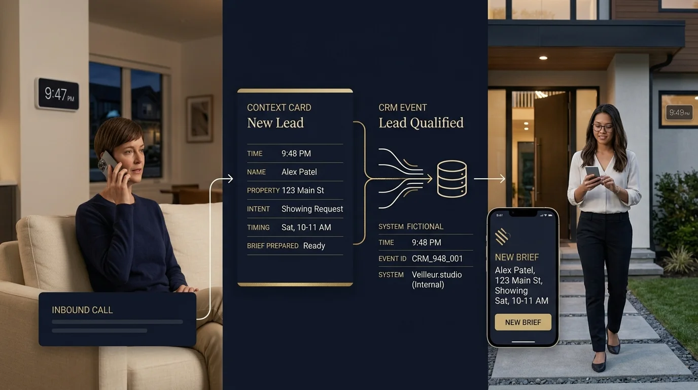 Timeline from a 9:47 PM buyer call to an agent-ready CRM handoff.