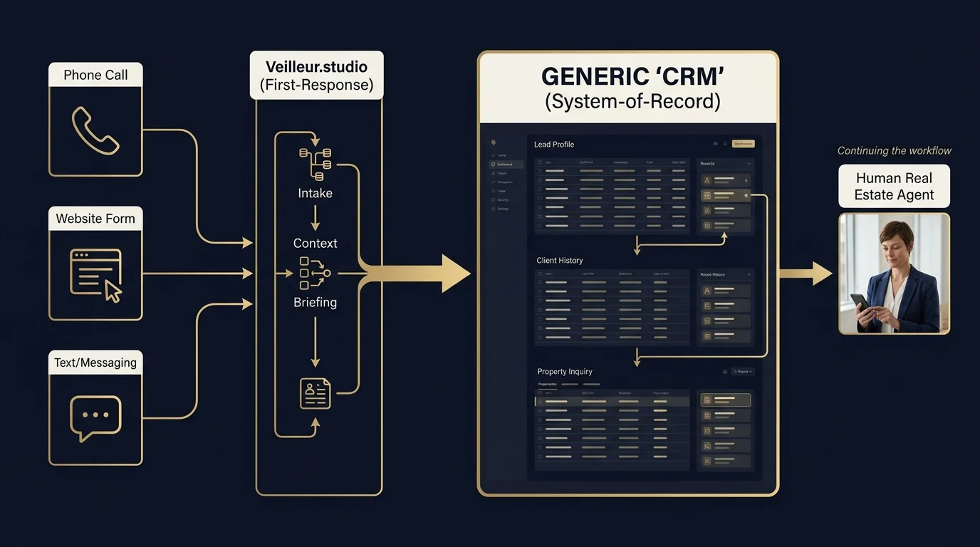 Inbound channels routed through Veilleur.studio into the brokerage's existing CRM.