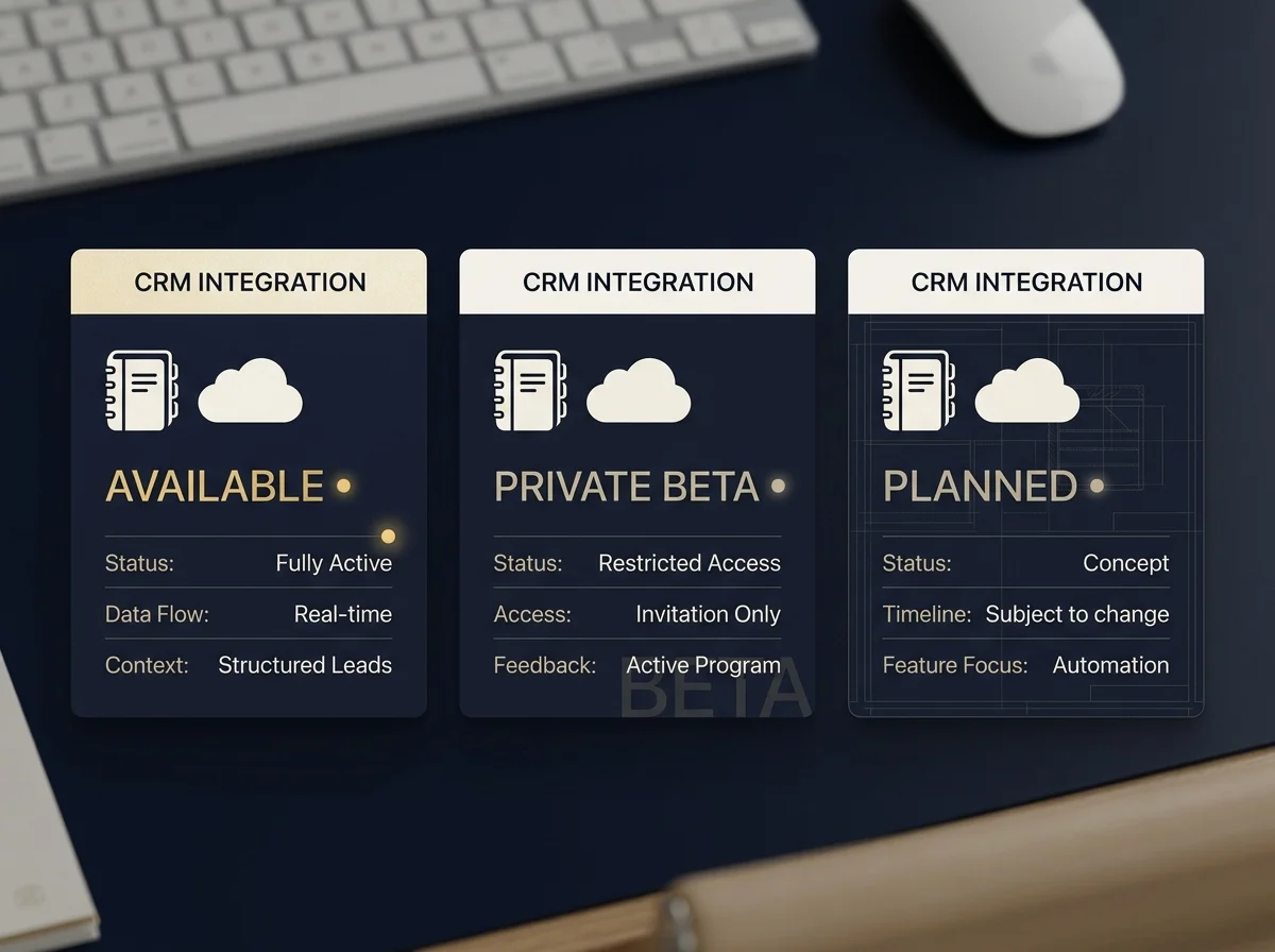 Integration cards showing Available, Private beta and Planned states.