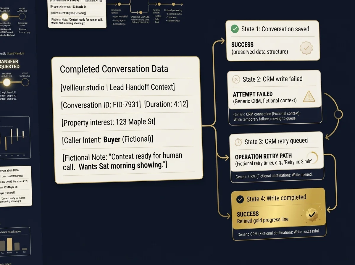 Conversation preserved while a CRM write is queued for retry and later completed.