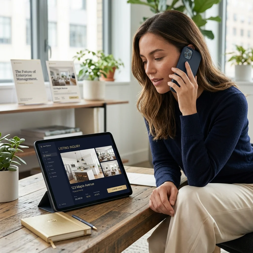 Homebuyer viewing a property listing on a phone while making a call.