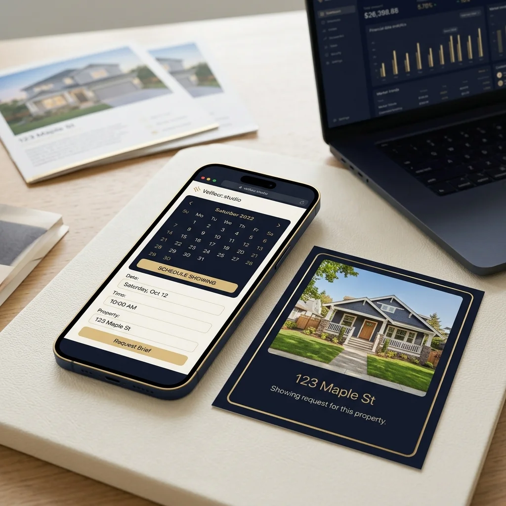 Smartphone calendar beside a property, scheduling a showing.