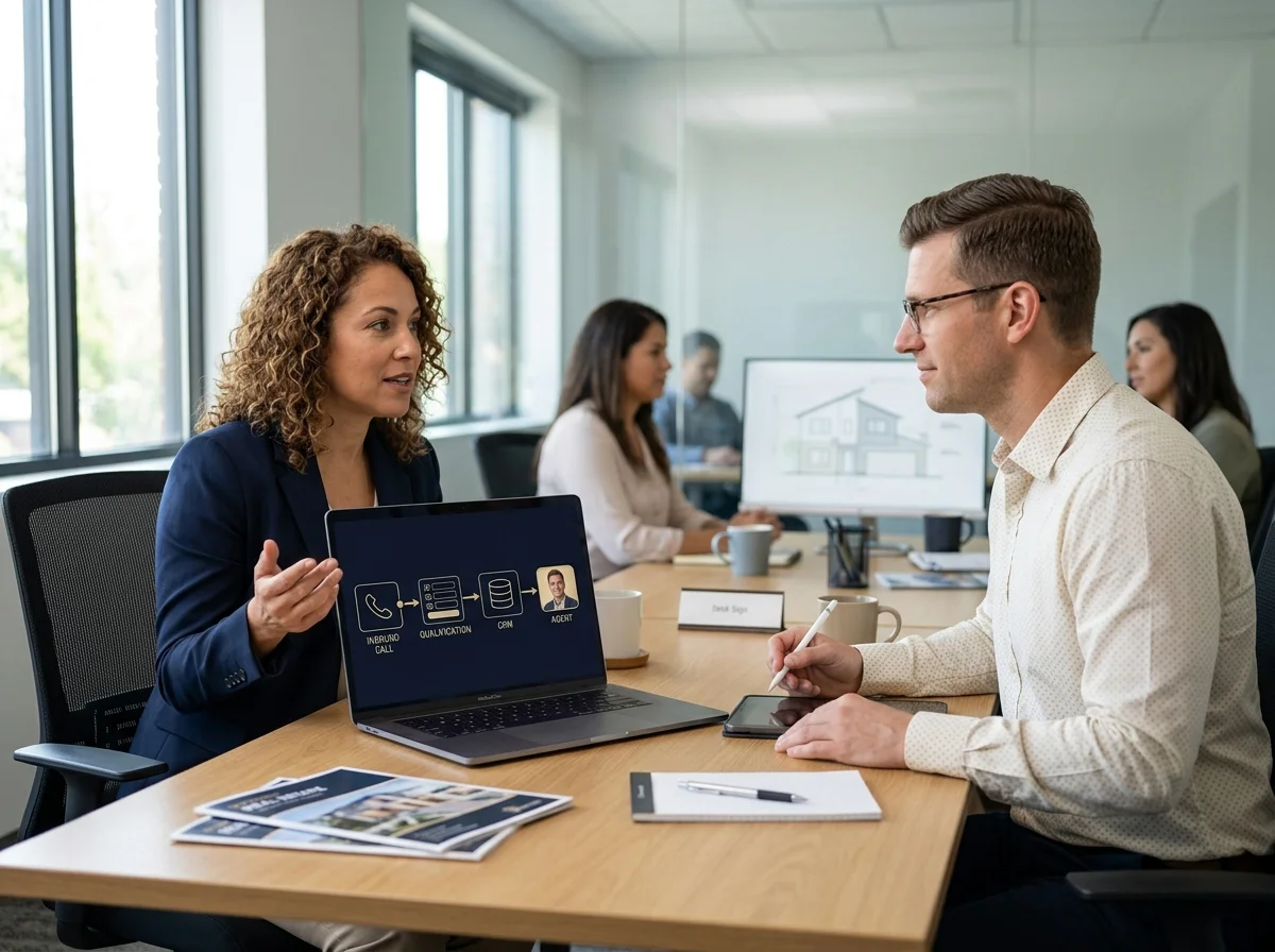 Broker-owner and implementation specialist reviewing an inbound lead workflow.