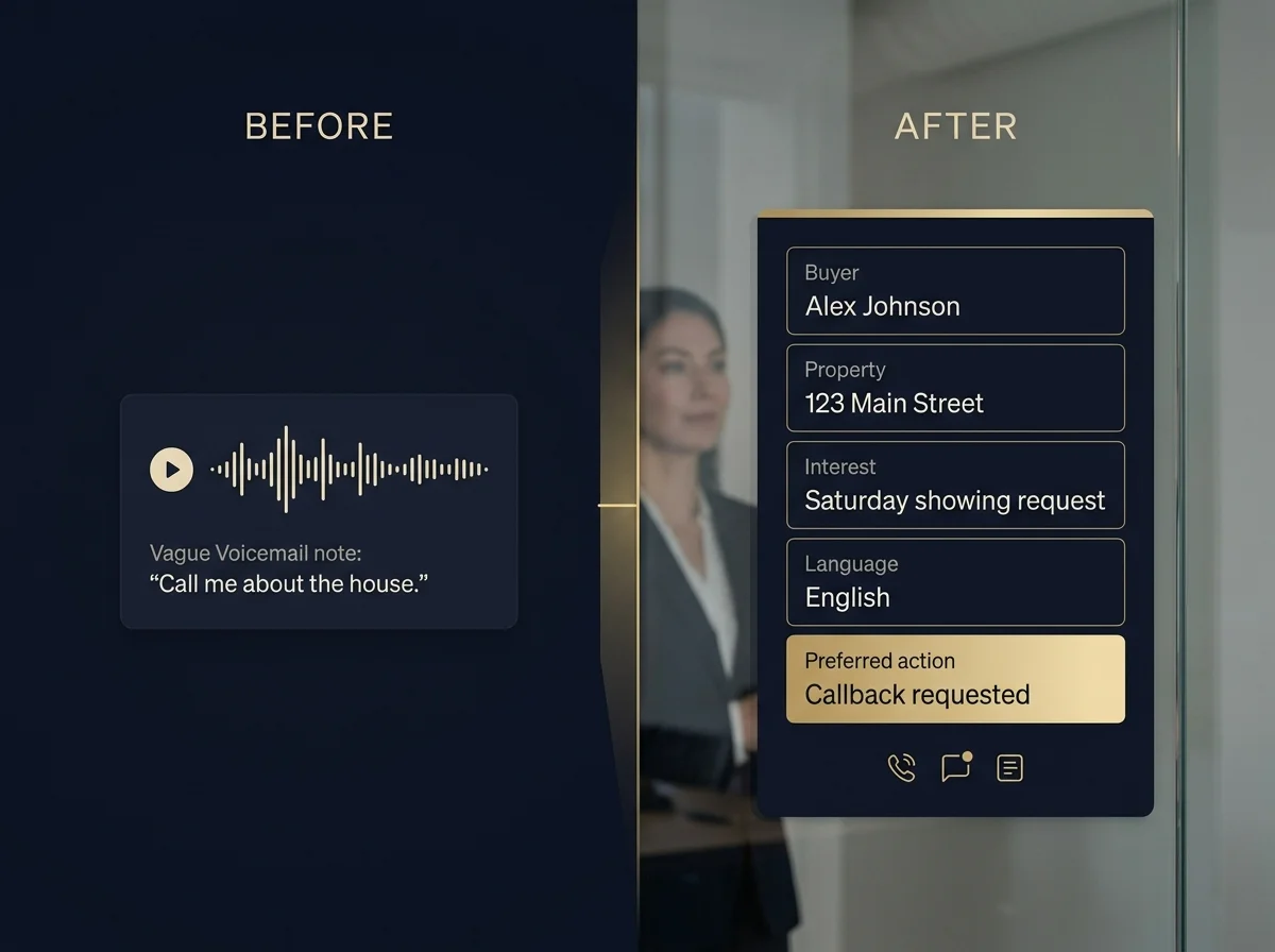 A vague voicemail compared with a structured real estate lead card.