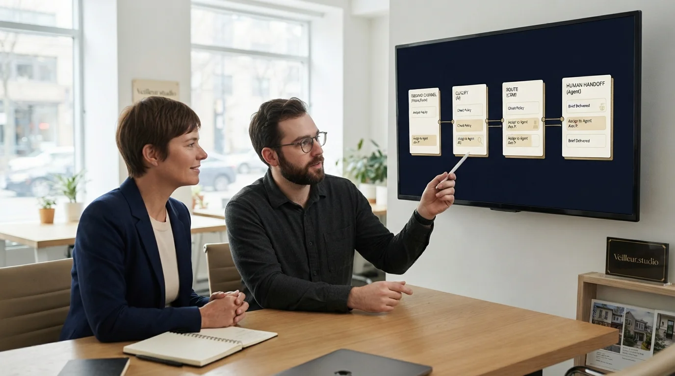 Brokerage owner and Veilleur.studio specialist mapping a first-response workflow.